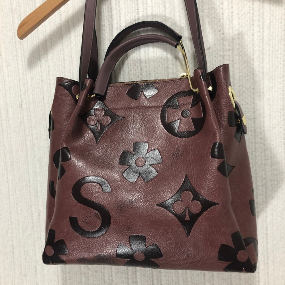 Designer Inspired Tote Handbag Burgundy Black Floral Monogram Shoulder‎ Bag